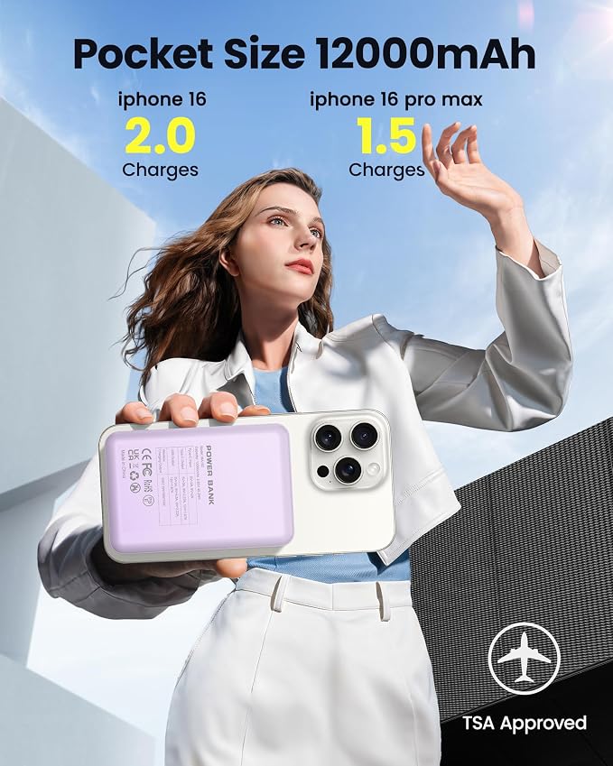 for Magsafe Battery Pack 12000mAh Magnetic Power Bank Portable Charger USB C 20W Fast Charging Wireless Charger Travel Essential for iPhone 16/15/14/13/12 Series Purple - Image 3