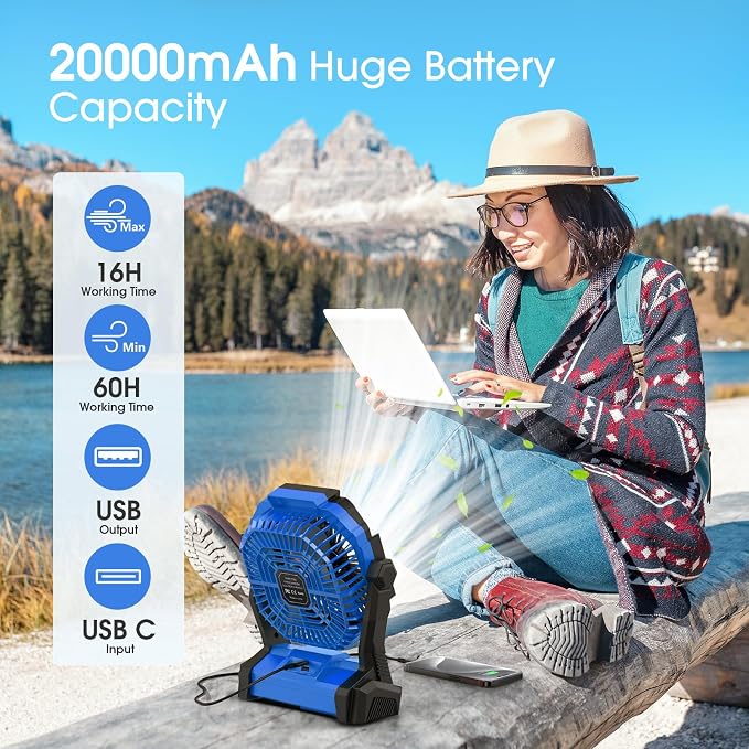 Portable Fan Rechargeable, Cordless Battery Powered Fan with LED Lantern 20000mAh, USB C Battery Operated for Travel Bedroom Home Camping Tent Office Beach Desk Picnic Barbecue Fishing Table - Image 2