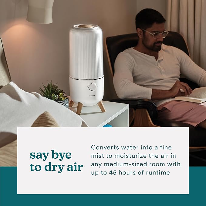 Homedics Ultrasonic Humidifier, Bedrooms and Home Offices, 0.97-Gallon Tank, 45-Hour Runtime, Visible Ultra-Quiet Cool Mist, Aromatherapy, Demineralization Cartridge, Night-Light, Auto-Off, White - Image 4