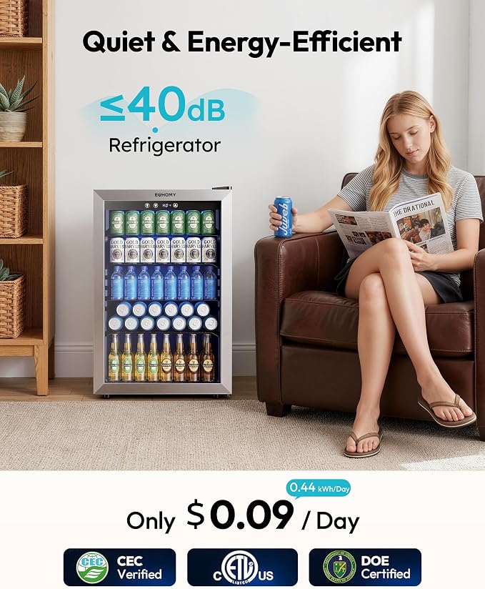 EUHOMY 4.5 Cu.ft Beverage Refrigerator and Cooler, 145 Can Mini fridge with Glass Door for Soda Beer Wine, Small Drink Dispenser with Digital Adjustable Thermostat for Home Office Bar - Image 8