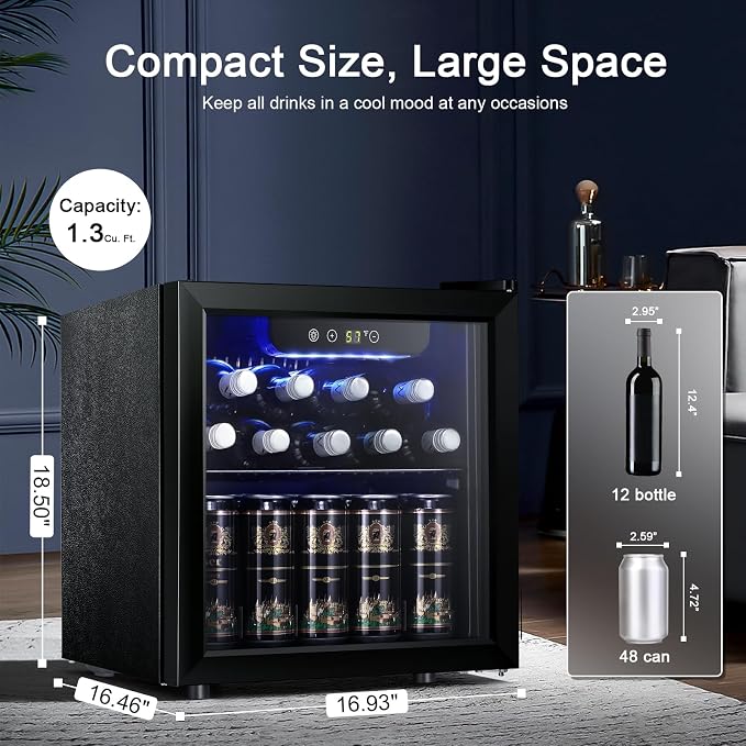Antarctic Star 12 Bottle 48 Can Beverage Refrigerator Cooler - Mini Fridge Glass Door for Beer Soda Drinks or Wine,Freestanding Beverage Fridge for Home and Bar with Adjustable Shelving, 1.3 Cu. Ft. - Image 2