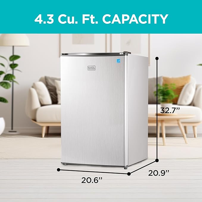 BLACK+DECKER 4.3 Cu. Ft. Compact Refrigerator, BCRK43V, Stainless Look | Energy Star Certified Small Refrigerator, Single Door Mini Fridge with Chiller Compartment, Personal Fridge for Home or Dorm - Image 2