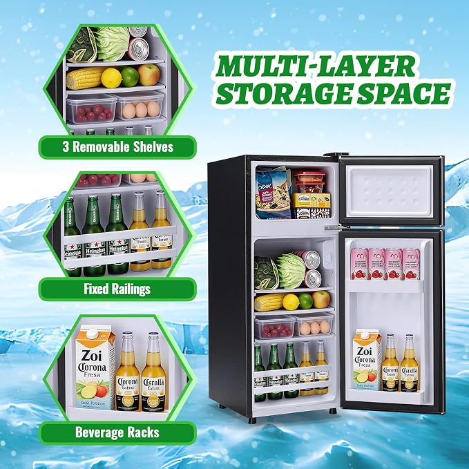 DEMULELR Small Refrigerator with Freezer2.6 Cu.ft Black Dual Door Mini Fridge with 3 Removable shelves & Side Drink Space Small Fridge for Office Dorm Home 14.77" W x 15" D x 35" H - Image 8