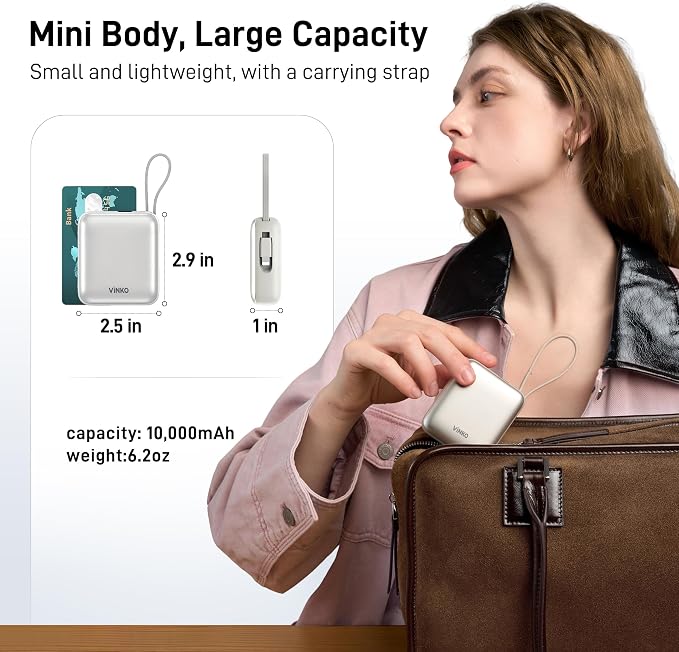 VINKO Small Portable Charger, 22.5W Fast Charging Mini Power Bank 10000mAh with Built-in Cables, Travel Essential USB-C Battery Pack Compatible with iPhone 17/16/15, Samsung S25/24, Android (White) - Image 2