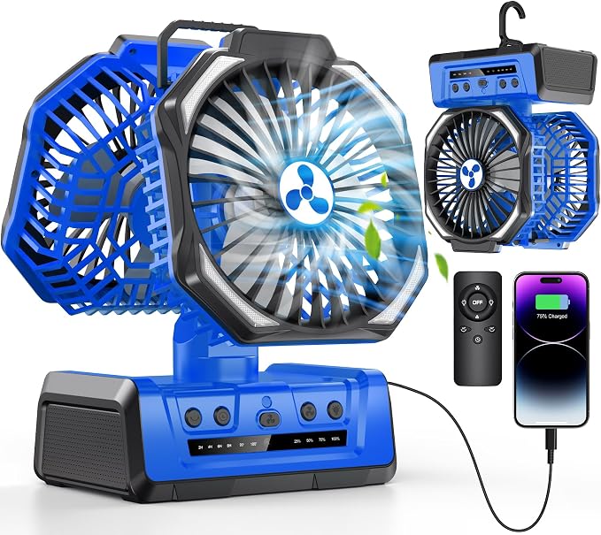 Dual Head Portable Rechargeable Fan 20000mAh Battery Powered Camping Fan Cordless with LED Lantern & Remote, Auto Oscillation, Hook, Battery Operated for Tent Office Travel Picnic Jobsite Orange by OnlyNewforYourLife