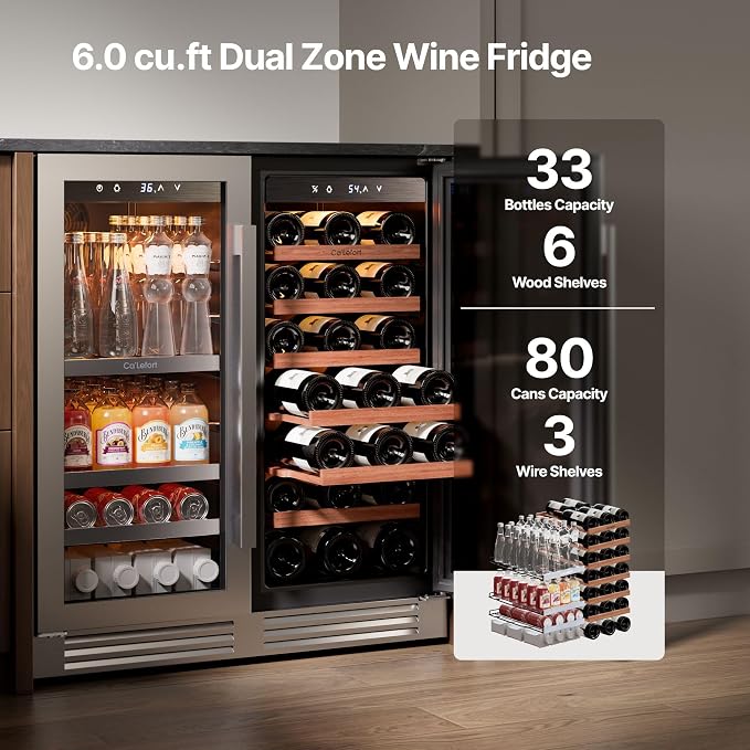 Ca'Lefort 30 Inch Wine & Beverage Refrigerator, 80 Can & 33 Bottle | 36-72°F Touch Control, Dual-Pane Glass Door, Adjustable Shelves, 3 Color LED, Built-In or Under Counter for Home Bar Kitchen - Image 2