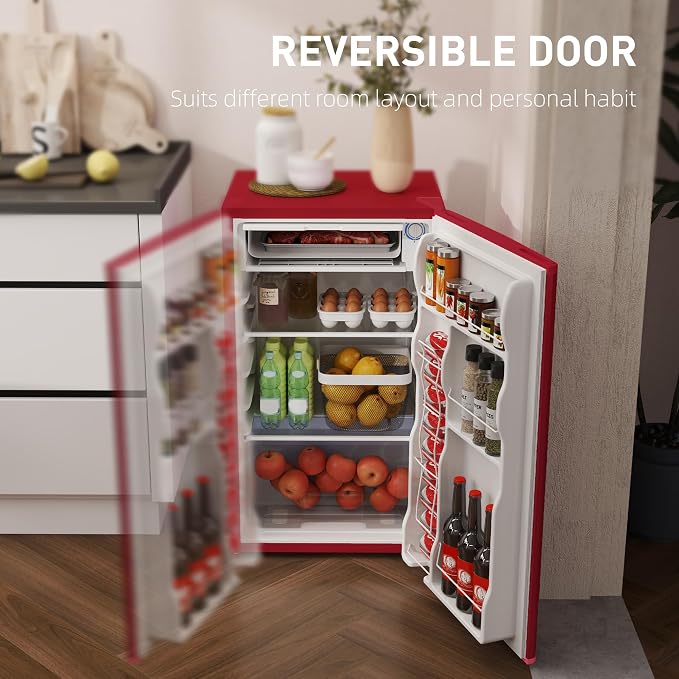 HOMCOM 3.2 Cu.Ft Mini Fridge with Freezer Single Reversible Door Red | Compact Refrigerator, Adjustable Thermostat, Shelf, for Bedroom Dorm Home Office, Energy Efficient - Image 6