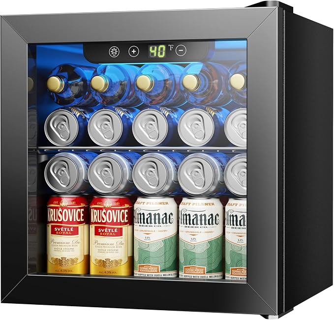 48 Can Beverage Refrigerator Cooler, Mini Fridge Glass Door with Adjustable Shelves, Freestanding Beverage Fridge with Blue LED for Home/Office/Dorm/Bar, 1.3 Cu.ft by ICYGLEE