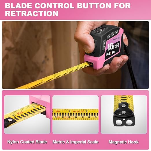 PREXISO 2-in-1 Digital Tape Measure - 16Ft Pink Digital Measuring Tape - Image 3