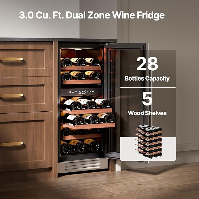 Ca'Lefort 15 Inch Wine Fridge, 28 Bottle Dual Zone Wine Cooler | 40-65°F Touch Control, Dual-Pane Glass Door, Adjustable Shelves, 3 Color LED, Built-In or Under Counter for Home Bar Kitchen - Image 2