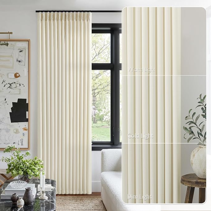 Cream Beige Pinch Pleated Linen Curtains 96 Inch 4 Panels Set - Image 2