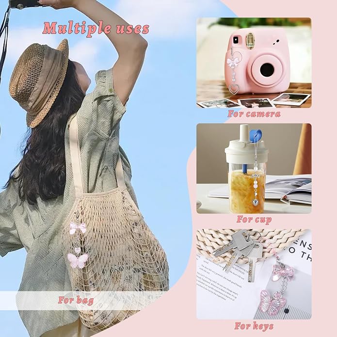 Pink Beaded Phone Wrist Straps, Y2K Phone Case Charms Camera Charm Strap - Image 3