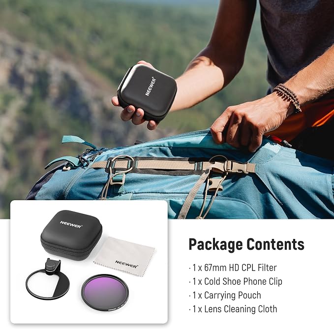 NEEWER 67mm CPL Filter with Cold Shoe Phone Lens Clip, HD Polarizing Filter - Image 8