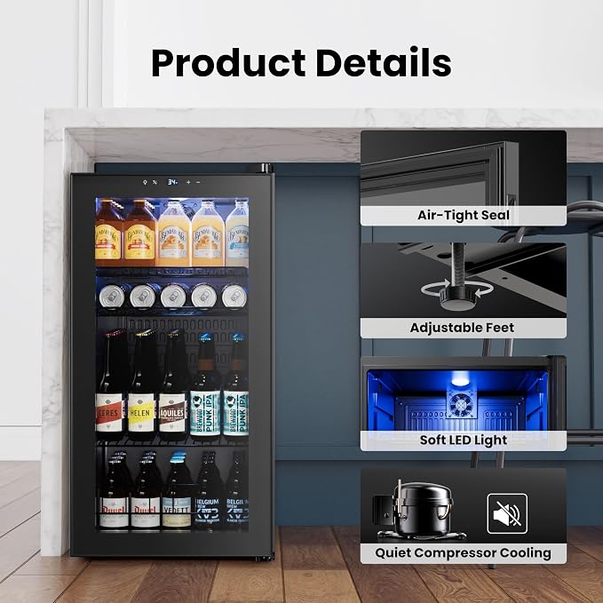 Yeego Beverage Refrigerator Drink Cooler, 105 Cans Mini Fridge Glass Door | Soda Wine Beer Small Cooler, 34°F To 54°F Digital Temperature Control, for Home Office Bar, Adjustable Shelves, Black - Image 6