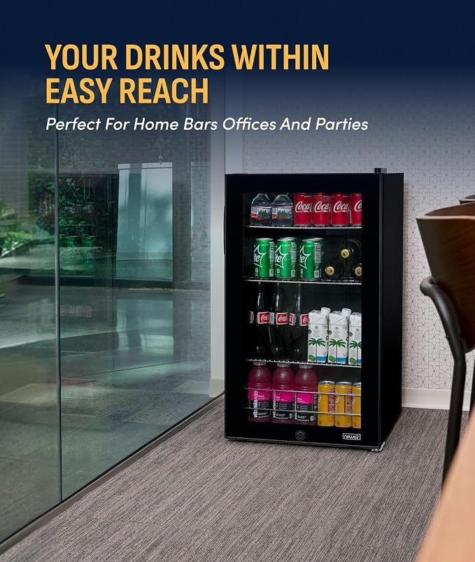 NewAir 126 Can Beverage Refrigerator | Freestanding Small Mini Fridge for Bedroom with Glass Door | Drink Cooler with Adjustable Shelves, Quiet Cooling & Locking Door | Black - Image 3