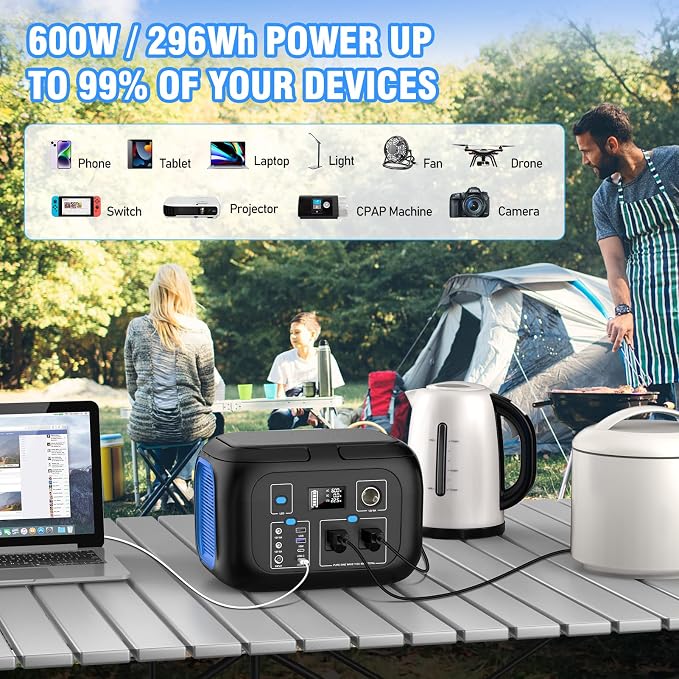 Portable Power Station 600W Power Bank 296Wh Solar Generator Lithium Battery Portable Generator Fast Charging with LED Light Battery Pack 9 Outputs Power Supply for Home Camping Emergency Backup - Image 4