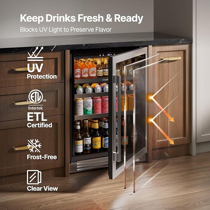 Ca'Lefort Beverage Refrigerator Cooler - 24 Inch Beverage Fridge Under Counter 180 Can with Glass Door, Freestanding or Built-in with 3 Color LED, Drink Cooler for Beer Soda or Wine (Right-Hinged) - Image 3