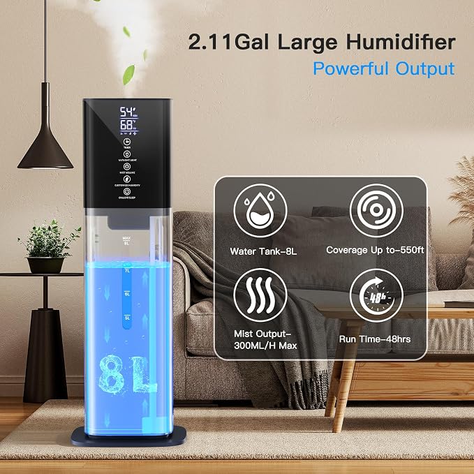 Humidifiers Large Room Bedroom with 7 Colors Light, 2.1Gal(8L) 3 Speed Quiet Ultrasonic Cool Mist Humidifier with 360° Nozzle, Humidity Setting, Timer,Aroma Box for Home Plant Baby Yoga Sleep (Blue) - Image 3
