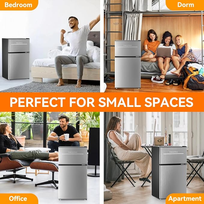 Mini Fridge with Freezer 3.2 Cu.Ft. 2 Door Refrigerator and Freezer Small Fridge for Bedroom Home Office Dorm, Small Drink Chiller, Adjustable Thermostat,37 dB Low Noise, Stainless Steel - Image 9