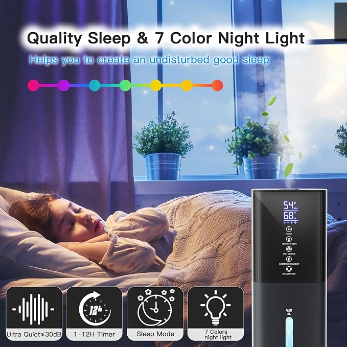 Humidifiers Large Room Bedroom with 7 Colors Light, 2.1Gal(8L) 3 Speed Quiet Ultrasonic Cool Mist Humidifier with 360° Nozzle, Humidity Setting, Timer,Aroma Box for Home Plant Baby Yoga Sleep (Blue) - Image 7