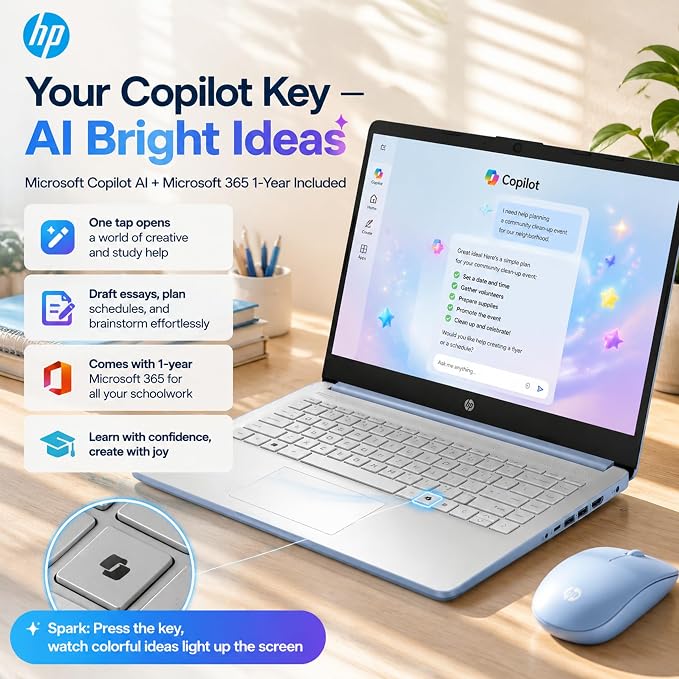 HP 14 Laptop for Students and Home Use, Intel Processor N150, 16GB RAM | 128GB UFS+256GB MSD, 14" HD Display, Wi-Fi 6, 1-Year Microsoft 365, Copilot AI Key, Lightweight, Sky Blue, W/Mouse - Image 7