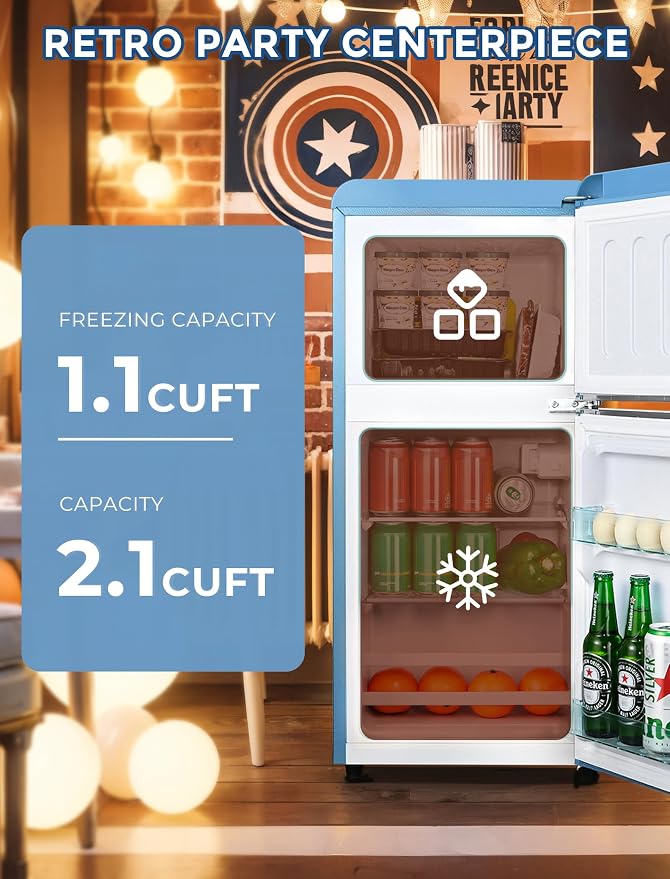 Anypro 3.2 Cu.Ft Refrigerator, Retro Double Door Fridge with Freezer, 7 Adjustable Temperature Settings, Removable Glass Shelves for Dorm, Office, Bedroom, Apartment, Sky Blue - Image 4