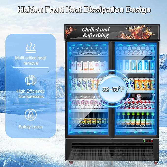 Commercial 2 Glass Door Display Beverage Refrigerator 1370 Can Black | Fast cool, self-closing door, ad board, LED light, for store/office - Image 5