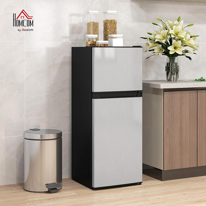 HOMCOM 4 Cu.Ft Mini Fridge with Freezer Double Reversible Silver | Compact Refrigerator, Adjustable Thermostat, Shelf, for Bedroom Dorm Home Office, Energy Efficient - Image 2