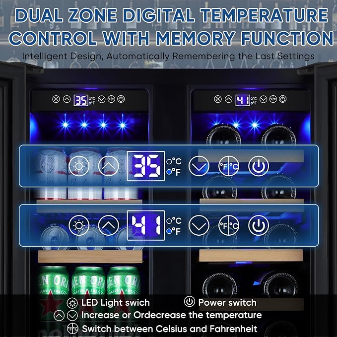Wine and Beverage Refrigerator 24", Dual Zone Wine & Beverage Cooler with Glass Door and French Door, Built-In/Freestanding Wine and Beer Fridge Holds 21 Bottles & 88 Cans for Home/Bar - Black - Image 2