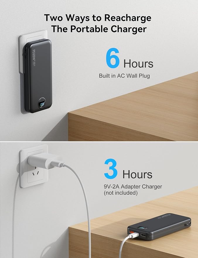 10000mAh Ultra-Portable-Charger-Power-Bank with Built in Cables&AC Wall Plug, PD20W USB-C Fast Charging Cell Phone Charger Battery Pack,LED Display Travel Battery Bank for All iPhone,Samsung,Android - Image 7