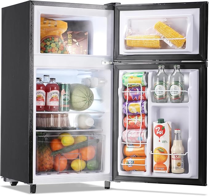 Mini Fridge with Freezer Two Doors Small Refrigerator with 7 Setting Adjustable Thermostat Crisper Drawer & Removable Shelves Extra Drink Space Low Noise Freezer-on-Top Refrigerator, Black by WANAI%C2%AE
