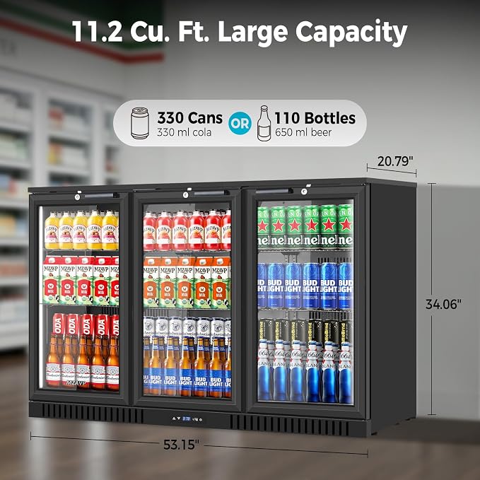 Back Bar Cooler with 3 Glass Door, 11.2 Cu.Ft Commercial Beverage Fridge, Under Counter Display Refrigerator with Safety Lock for Beer, Soda, Wine, Built-In/Freestanding for Bar Store Restaurant - Image 2