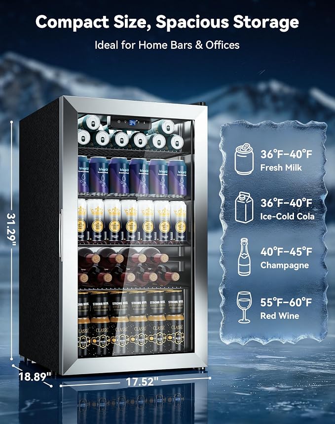 3.1 Cuft Beverage Fridge, 130 Can Mini Fridge, Glass Door, 34-64°F, Silver | LED Interior Light, Adjustable Removable Shelves, Freestanding for Bedroom, Office & Bar - Image 2