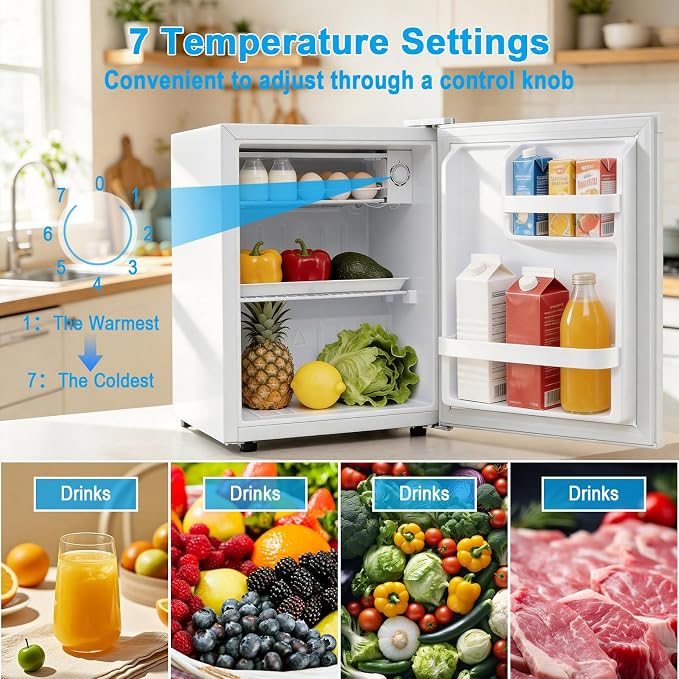 COSTWAY 1.7 Cu.Ft Mini Fridge with Compartment for Dorm Office Bedroom | Compact Small Refrigerator with Adjustable Thermostat, Reversible Single Door & Low Noise, for Drinks Fruits Snacks (White) - Image 5