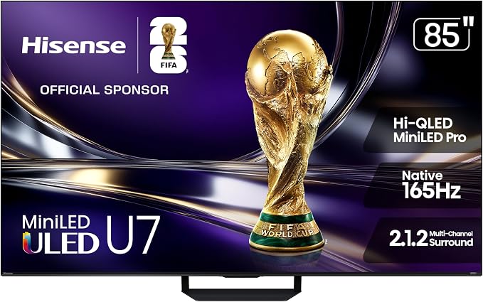 Hisense 85" U7 Mini-LED ULED 4K UHD Best Premium Gaming Smart Google TV (85U7SG, 2026 New) - Hi-QLED, Native 165Hz, VRR 330, HDR10+, Dolby Vision IQ·Atmos, IMAX Enhanced, Anti-Reflection, 2.1.2 Ch by Hisense