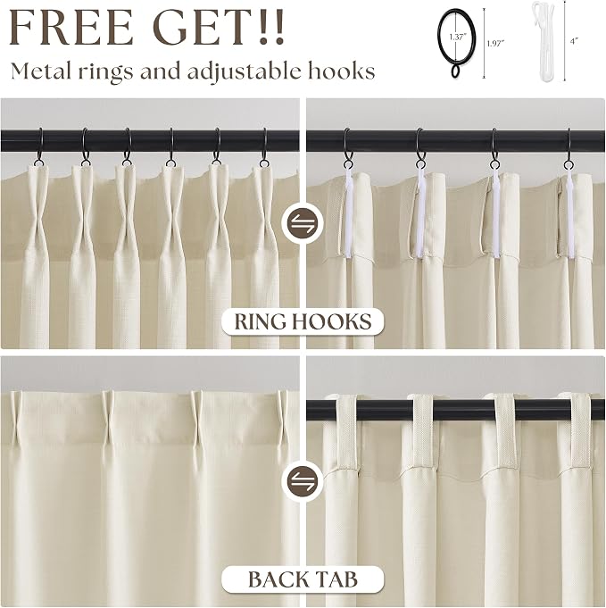 Cream Beige Pinch Pleated Linen Curtains 90 Inch 4 Panels Set - Image 5
