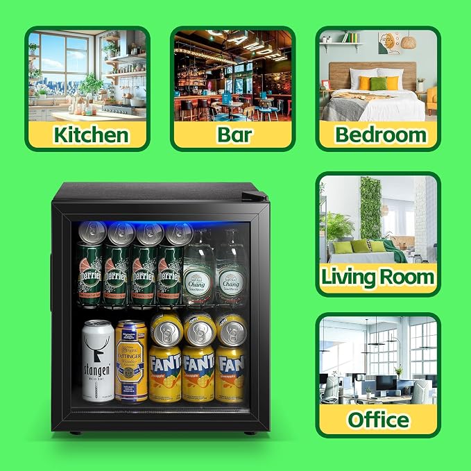 Beverage Refrigerator Cooler 1.6 Cu.Ft 60 Can Mini Small Fridge Black | Large Capacity with Glass Door, LED Light & Adjustable Shelves for Soda Beer Wine, Perfect for Home Bar Office - Image 9