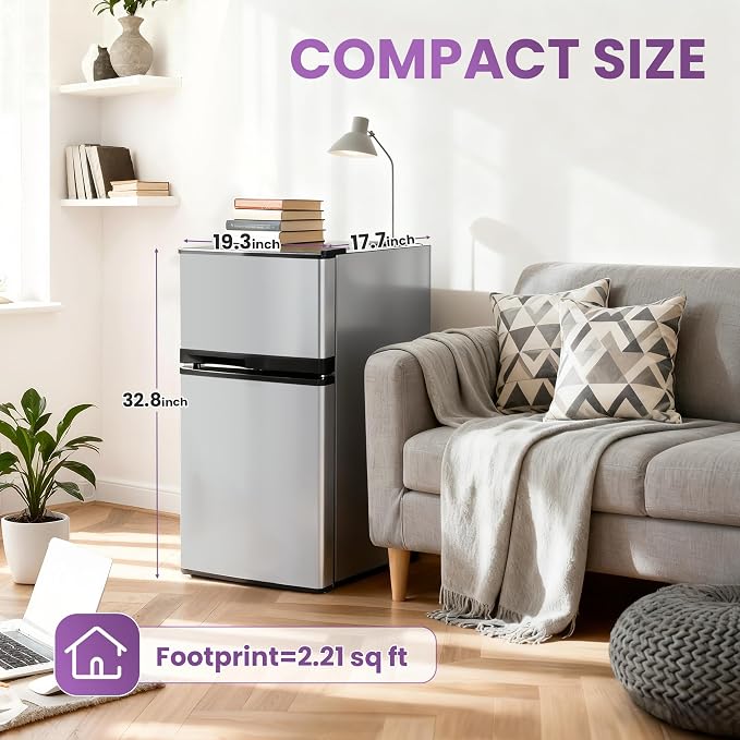 Tehanld 3.6 Cu.Ft Mini Fridge with Freezer for Dorm Office, Silver | Double Door Compact Refrigerator with Low Noise Technology, Removable Shelves for Bedroom and Apartment Storage - Image 2