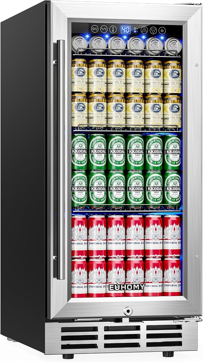 EUHOMY 15 Inch Beverage Refrigerator Cooler Under Counter 127 Cans Beverage Fridge Built-in or Freestanding with Glass Door, LED Light, Beer Fridge for Soda, Water, Wine - Home Kitchen Bar. by EUHOMY