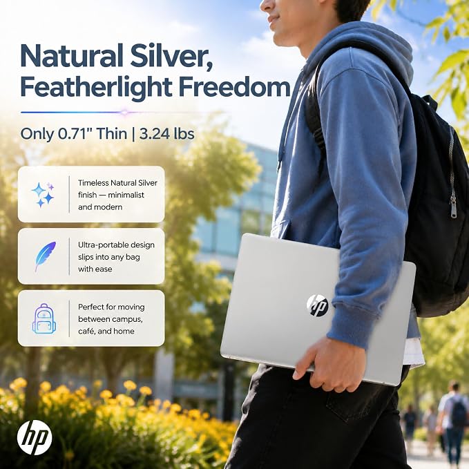 HP 14 Laptop for Students and Home Use, Intel Processor N150, 16GB RAM | 128GB UFS+256GB MSD, 14" HD Display, Wi-Fi 6, 1-Year Microsoft 365, Copilot AI Key, Lightweight, Natural Silver, W/Mouse - Image 3