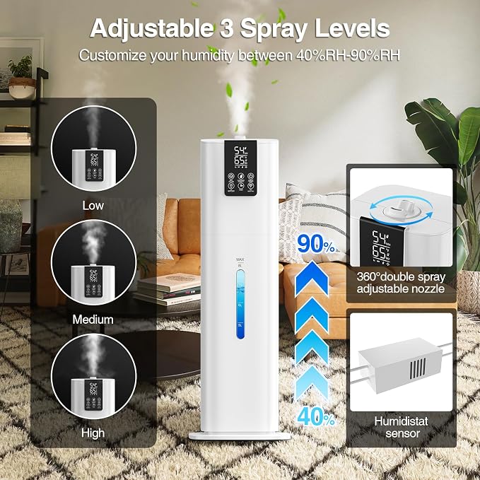 Smart Humidifiers Large Room Bedroom Home,2.11Gal(8L) Quiet Top Fill Cool Mist Humidifier,Smart App & Remote Control, 3 Speed Humidifier with 360°Nozzle,Humidity Setting for Baby Office Plant(White) - Image 5