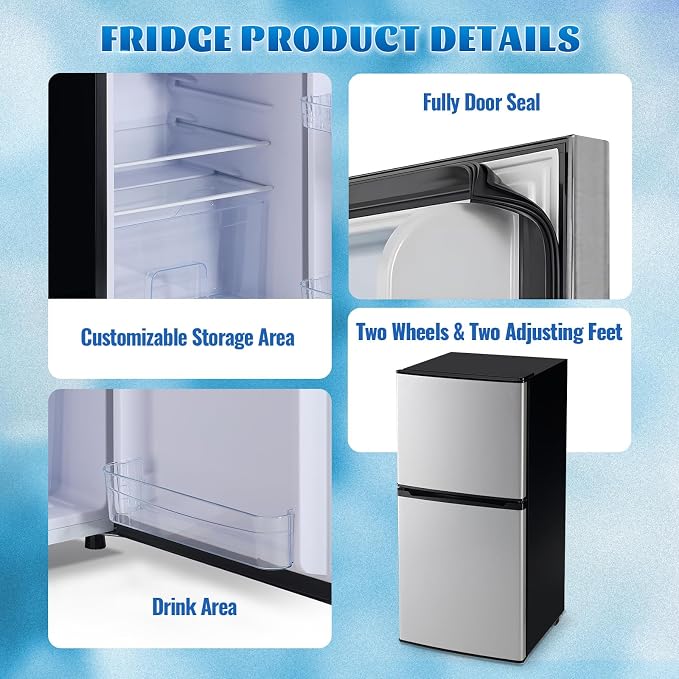 Mini Fridge with Freezer Large Capacity 110L Small Refrigerator with 7 Adjustable Temperature 2 Door Small Fridge for Office, Dorm, Bedroom Silver - Image 7