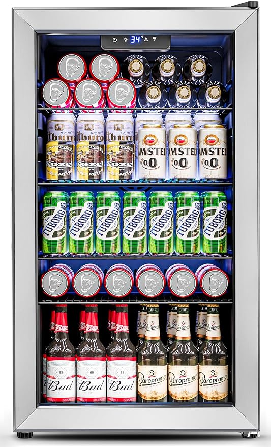 Feelfunn 3.2 Cu.Ft Mini Fridge with Glass Door - 126 Can Beverage Refrigerator Cooler for Drink Beer Wine Soda, Small Refrigerator for Bedroom Office Bar Dorm, 4 Adjustable Shelves, Silver by Feelfunn