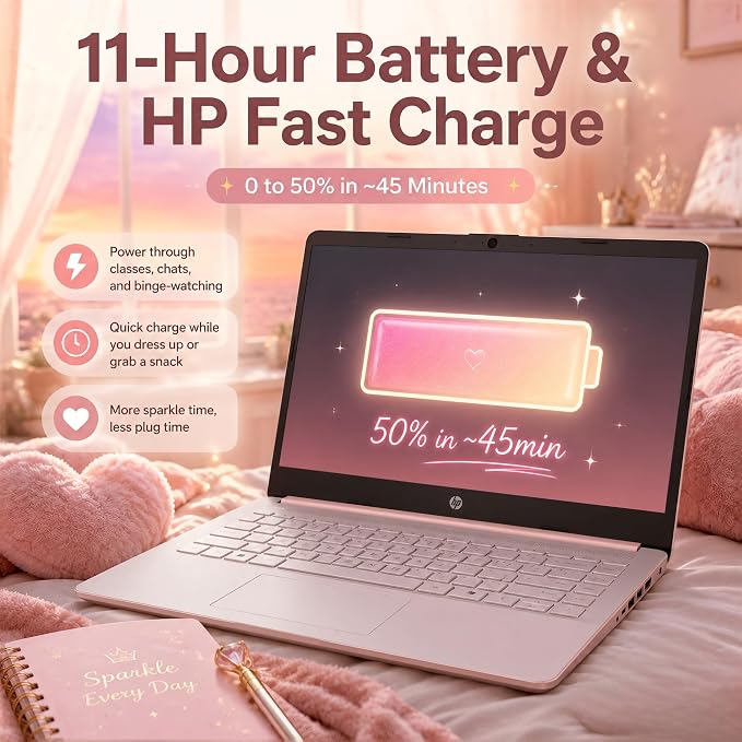 HP 14 Laptop for Students and Home Use, Intel Processor N150, 16GB RAM | 128GB UFS+256GB MSD, 14" HD Display, Wi-Fi 6, 1-Year Microsoft 365, Copilot AI Key, Lightweight, Pale Rose Gold, W/Mouse - Image 8