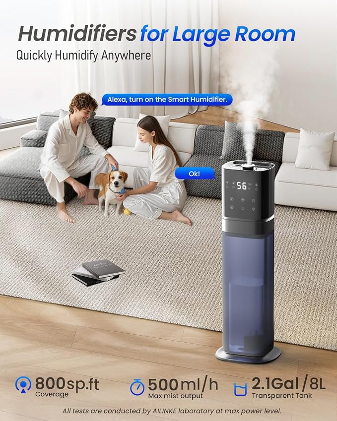 Humidifiers for Bedroom 2.1Gal/8L, Smart Humidifier Large room, Cool Mist Humidifiers for Bedroom Large Room with Extended Tube, WIFI App&Voice Control, Humidifiers for Home Baby Plants, Blue - Image 2