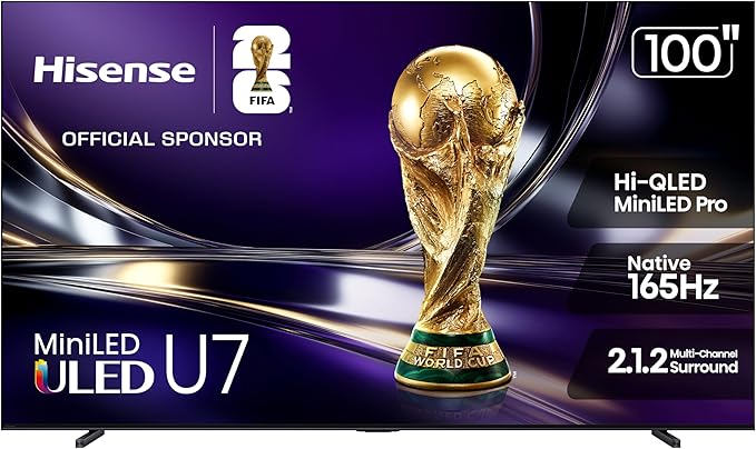 Hisense 100" U7 Mini-LED ULED 4K UHD Best Premium Gaming Smart Google TV (100U7SG, 2026 New) - Hi-QLED, Native 165Hz, VRR 288, High Brightness, HDR10+, Dolby Vision IQ·Atmos, IMAX Enhanced, 2.1.2 Ch by Hisense