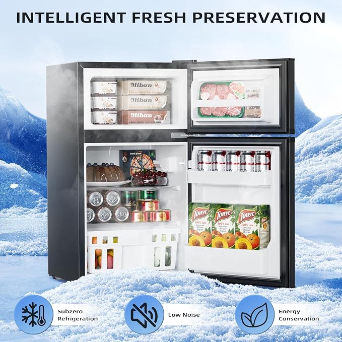Kismile 3.2 Cu.Ft Mini Fridge with Freezer, 2 Door Dorm Refrigerator Black | Adjustable Thermostat, Removable Shelves, Food & Beverage Storage, Dorm Mini Fridge for Bedroom/ Office/ College/ Apartment - Image 2