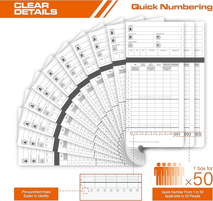 300 time Cards for HN4000, HN4500 time Clocks and More, Card Numbers 1-50 - Image 2