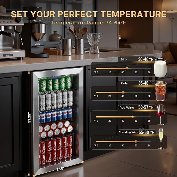 130 Can Beverage Refrigerator, 3.2 Cu.Ft Drink Cooler | Reversible Glass Door, 35–65°F Digital Temperature Display, Adjustable Shelves, Beverage Fridge for Soda, Beer & Wine - Image 5