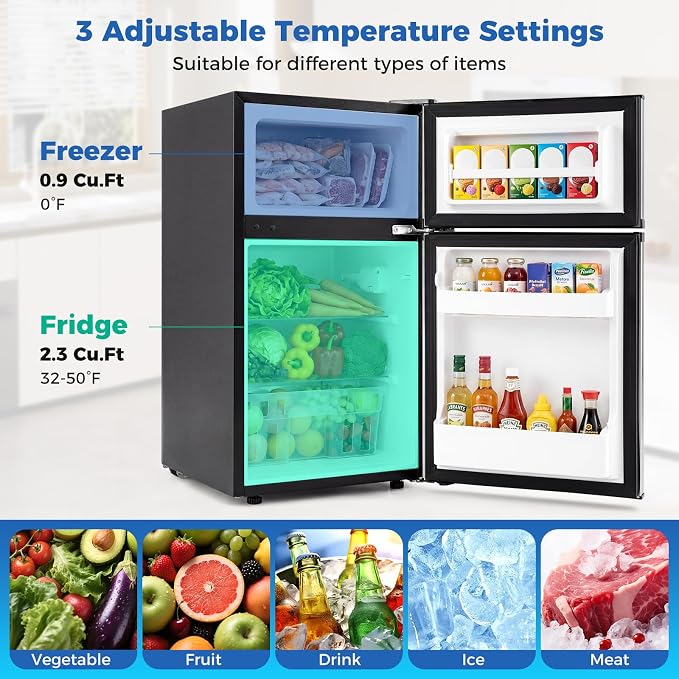 COSTWAY 3.2 Cu.Ft. Mini Fridge with Freezer, 2 Door for Office Bedroom Dorm | Compact Small Refrigerator with Reversible 2 Door, Adjustable Thermostat, Removable Glass Shelves for Food & Drink, Silver - Image 5